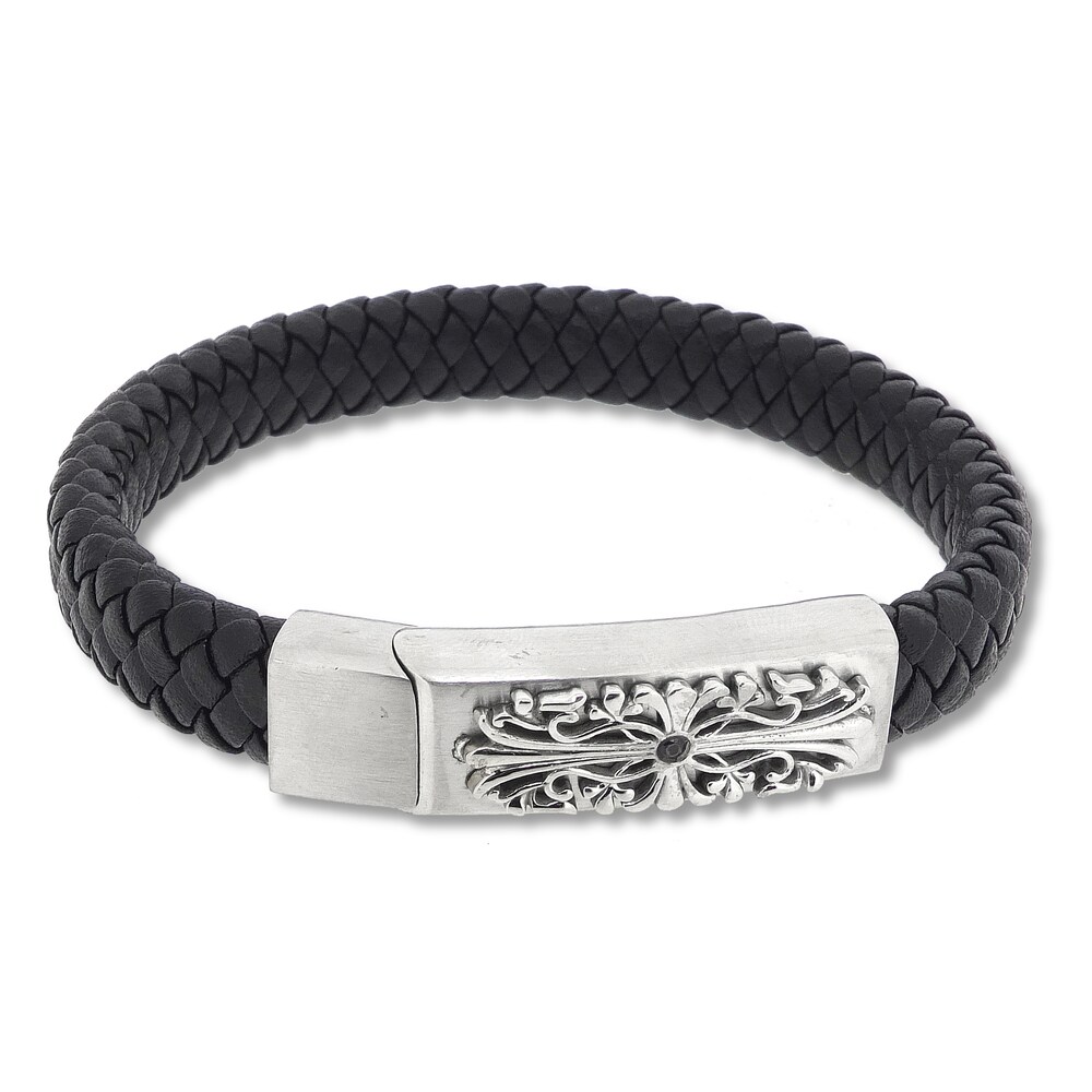 Men\'s Woven Bracelet Diamond Accent Black Leather Stainless Steel 8.5\" atYvtVMo