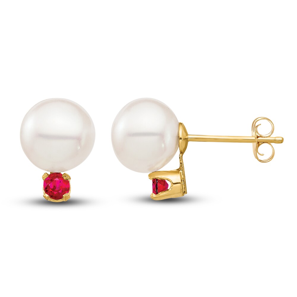 Cultured Freshwater Pearl & Natural Ruby Stud Earrings 14K Yellow Gold c1cfX2I3