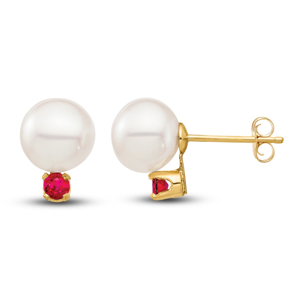 Cultured Freshwater Pearl & Natural Ruby Stud Earrings 14K Yellow Gold c1cfX2I3