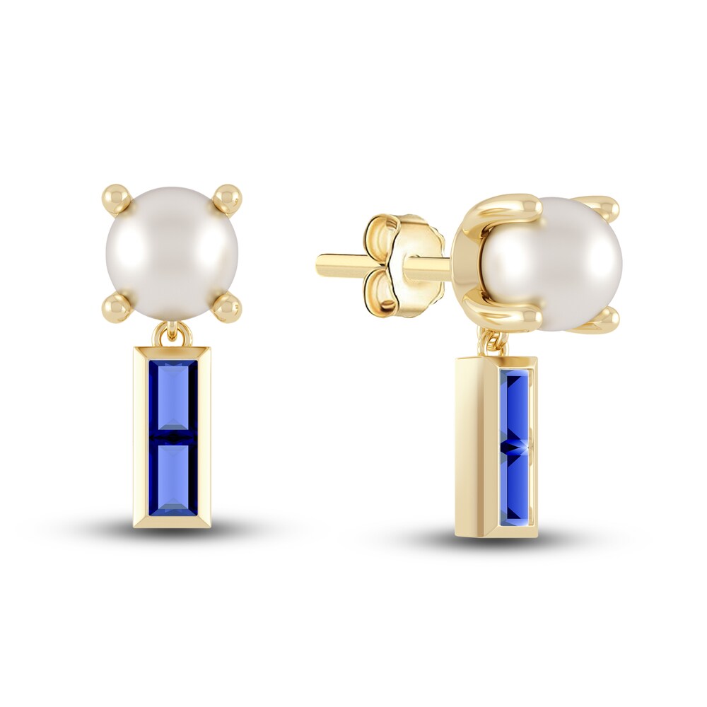 Juliette Maison Lab-Created Blue Sapphire Baguette and Cultured Freshwater Pearl Earrings 10K Yellow Gold dKC3hKHr