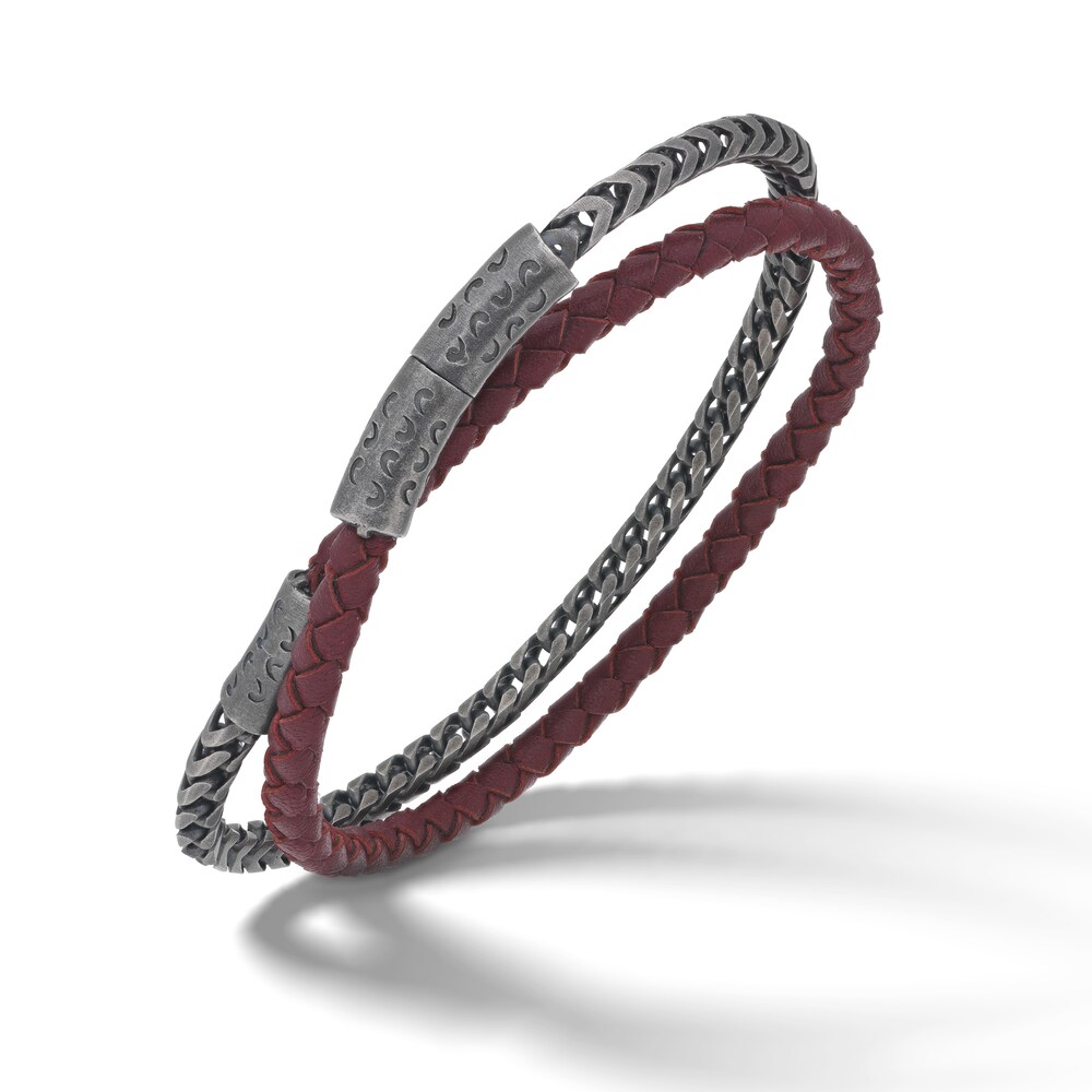 Marco Dal Maso Men's Double Wrap Mixed Chain & Woven Red Leather Bracelet Sterling Silver 8" dOGiPfpV