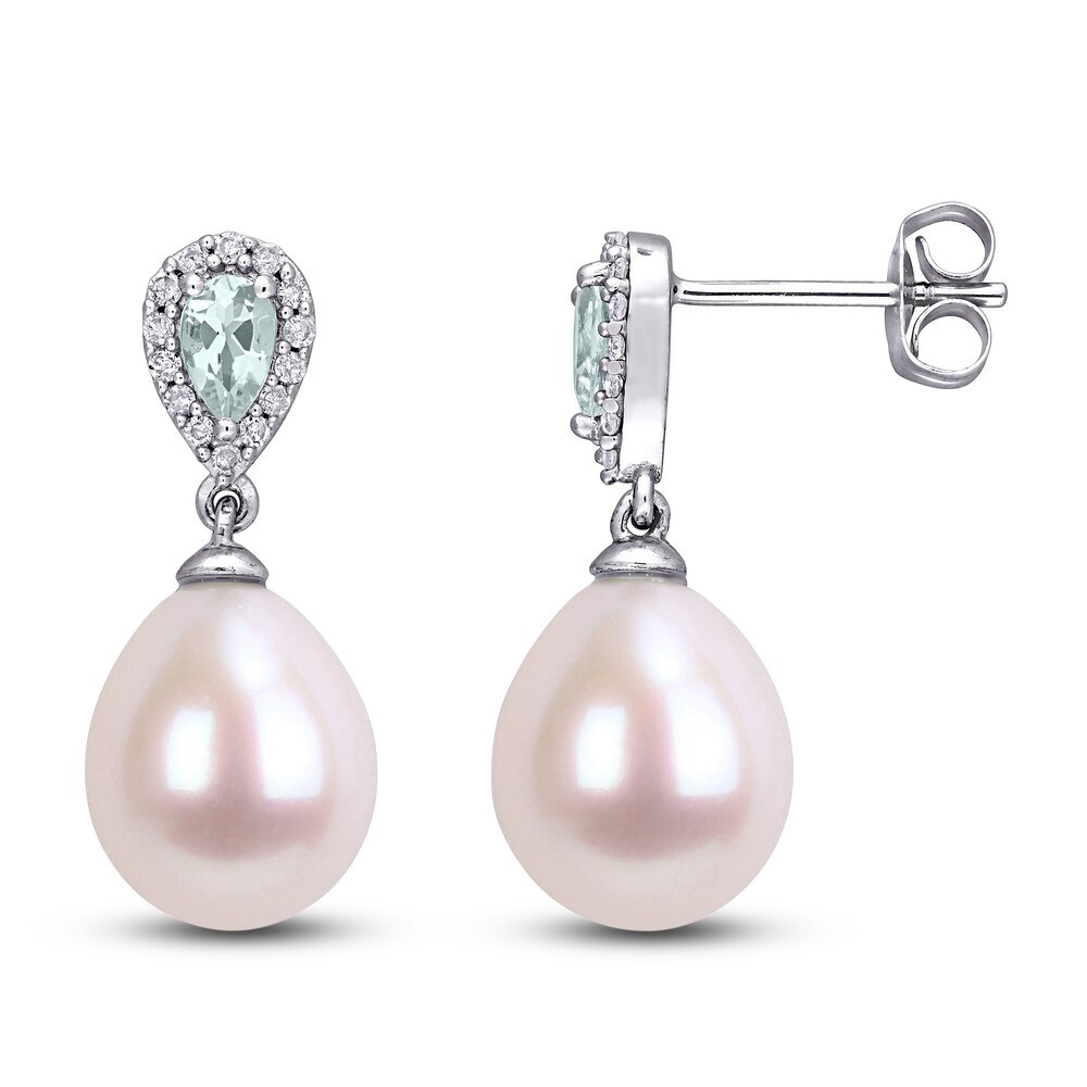 Cultured Freshwater Pearl & Natural Aquamarine Drop Earrings 1/8 ct tw Diamonds 10K White Gold ePoBKEo2