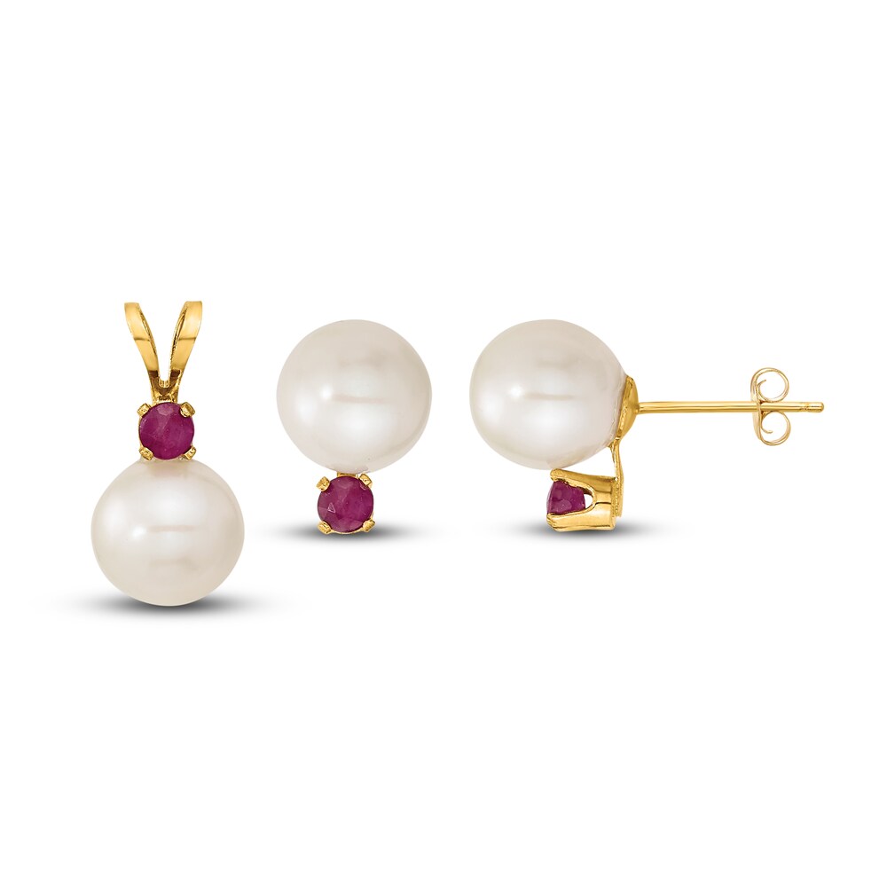 Cultured Freshwater Pearl & Natural Ruby Pendant/Earrings Set 14K Yellow Gold egJut7Ay
