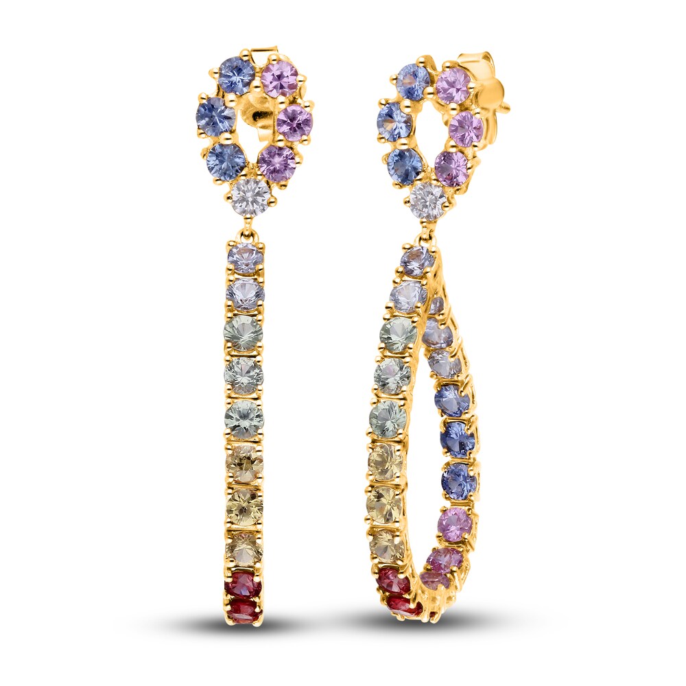 Kallati Natural Multi-Sapphire Hoop Earrings 1/8 ct tw Diamonds 14K Yellow Gold f0o7tIQ2