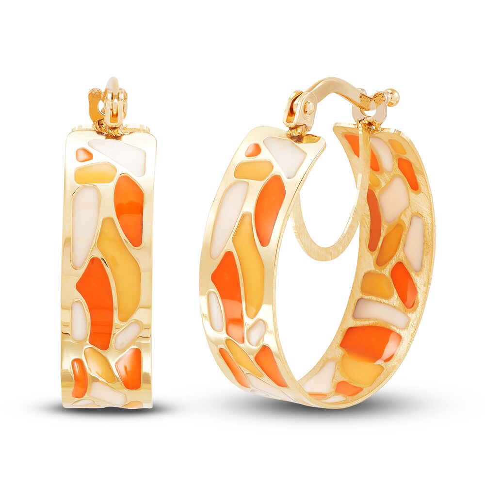 Italia D\'Oro Orange/Yellow /White Enamel Diamond-Cut Bridged Hoop Earrings 14K Yellow Gold f2vHI9aQ
