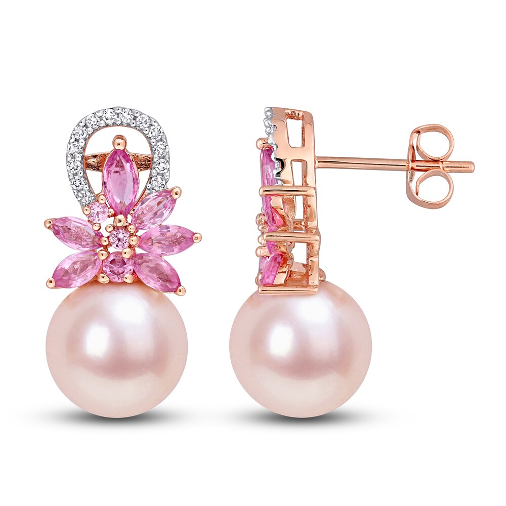 Pink Cultured Freshwater Pearl & Natural Pink Sapphire Earrings 1/8 ct tw Diamonds 14K Rose Gold fUVE62eG