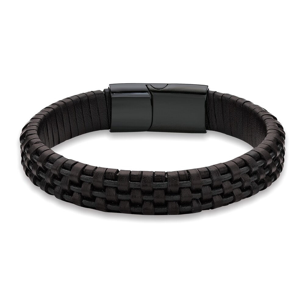 Men's Brown Leather Bracelet Black Ion-Plated Stainless Steel 8.5" g88pp2Uv