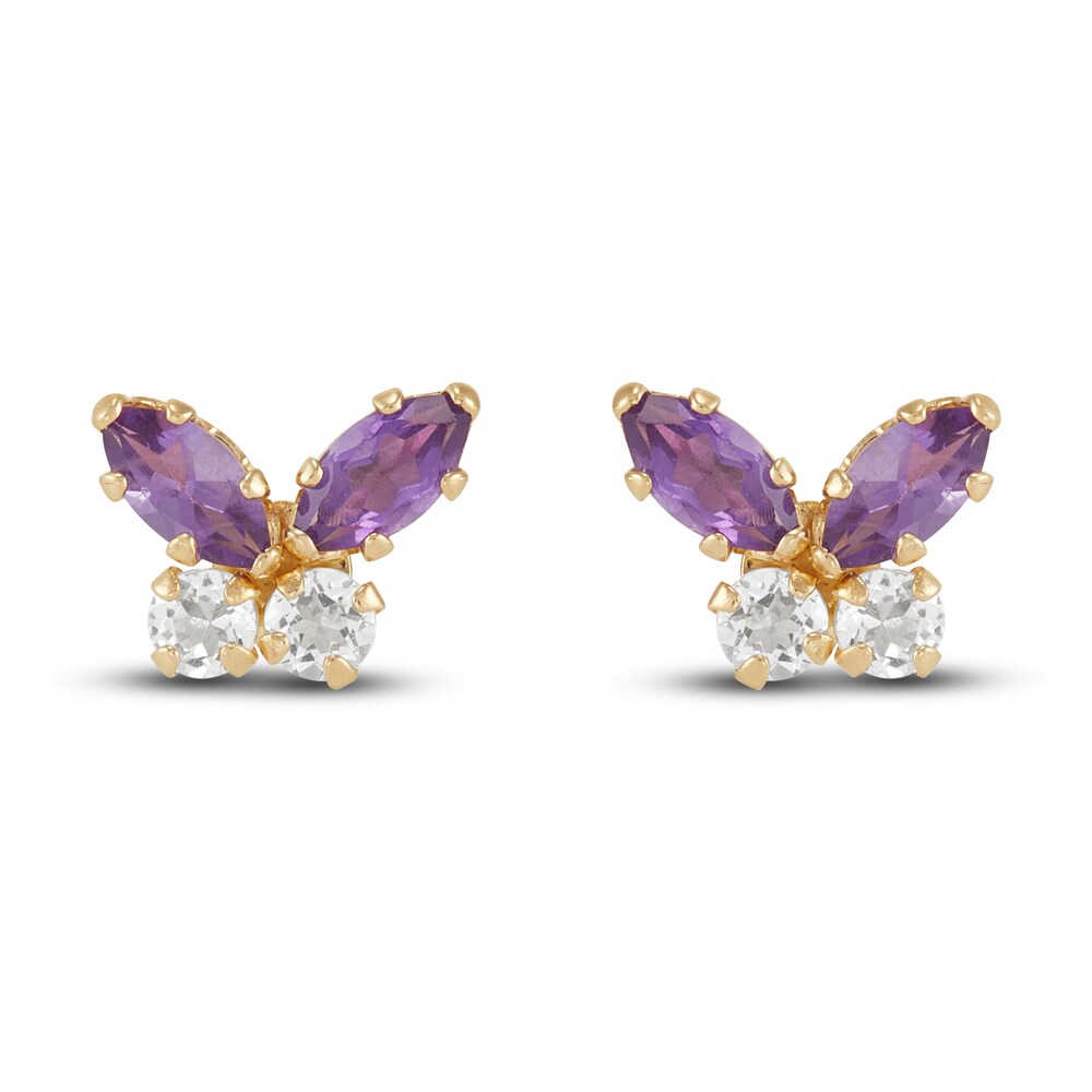 Children's Natural Amethyst & Natural White Topaz Butterfly Stud Earrings 14K Yellow Gold gYZo6M6z