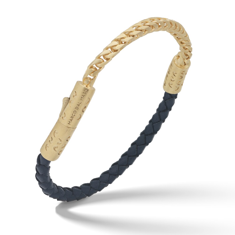 Marco Dal Maso Men\'s Blue Leather Bracelet Sterling Silver/18K Yellow Gold-Plated 8\" hg9mSUwV