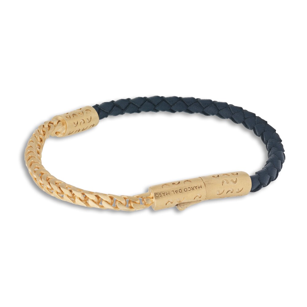 Marco Dal Maso Men\'s Blue Leather Bracelet Sterling Silver/18K Yellow Gold-Plated 8\" hg9mSUwV