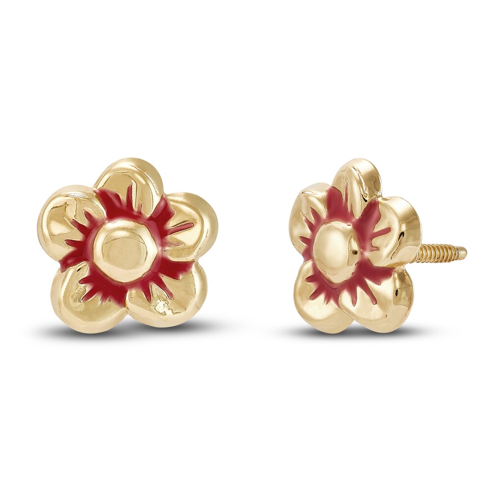 Flower Stud Earrings Red Enamel 14K Yellow Gold iJiyc3h8