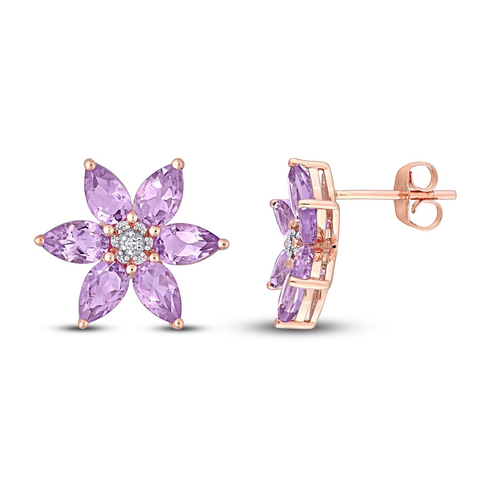 Natural Amethyst Flower Stud Earrings 1/20 ct tw Diamonds 14K Rose Gold iKKhjjHH