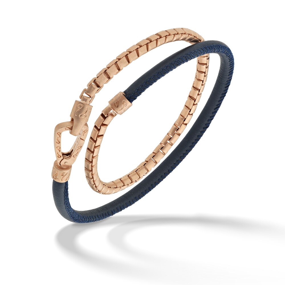 Marco Dal Maso Men's Double Blue Leather/ Box Chain Bracelet Sterling Silver/18K Rose Gold-Plated 16" iNK77HHQ