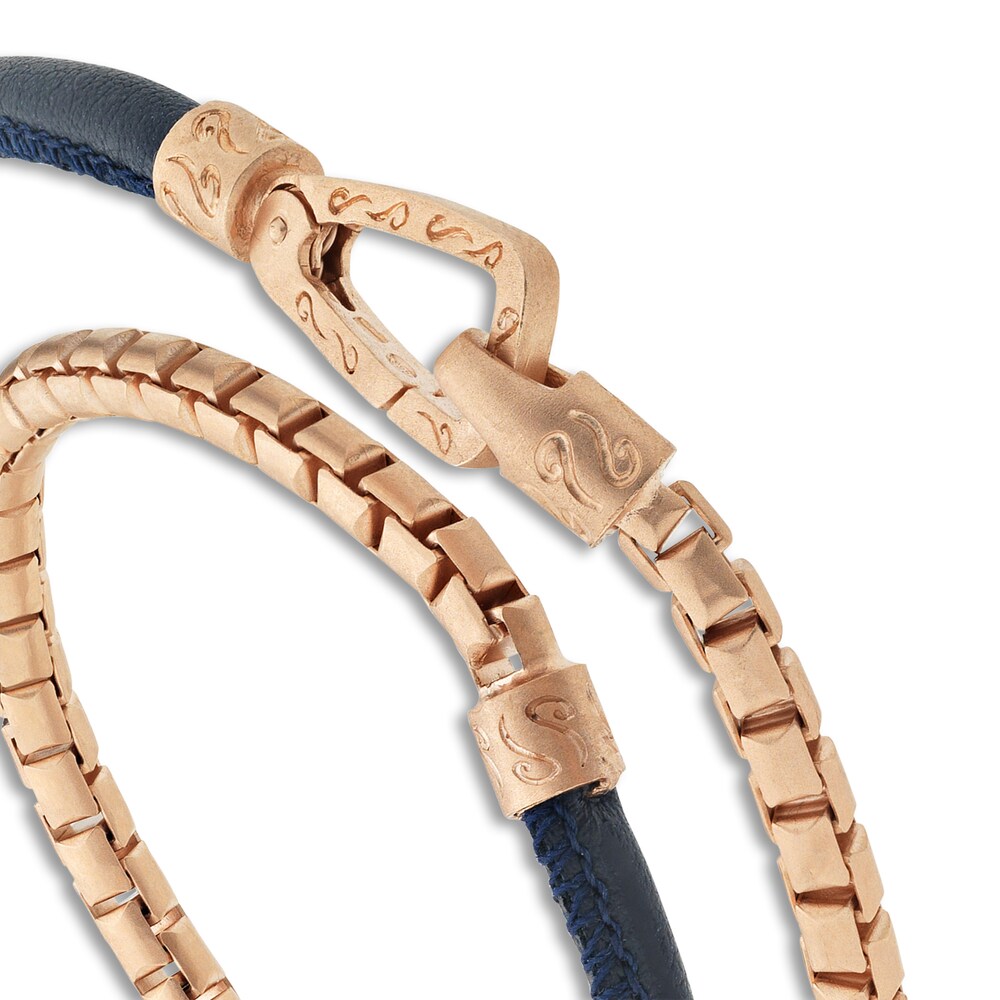 Marco Dal Maso Men\'s Double Blue Leather/ Box Chain Bracelet Sterling Silver/18K Rose Gold-Plated 16\" iNK77HHQ
