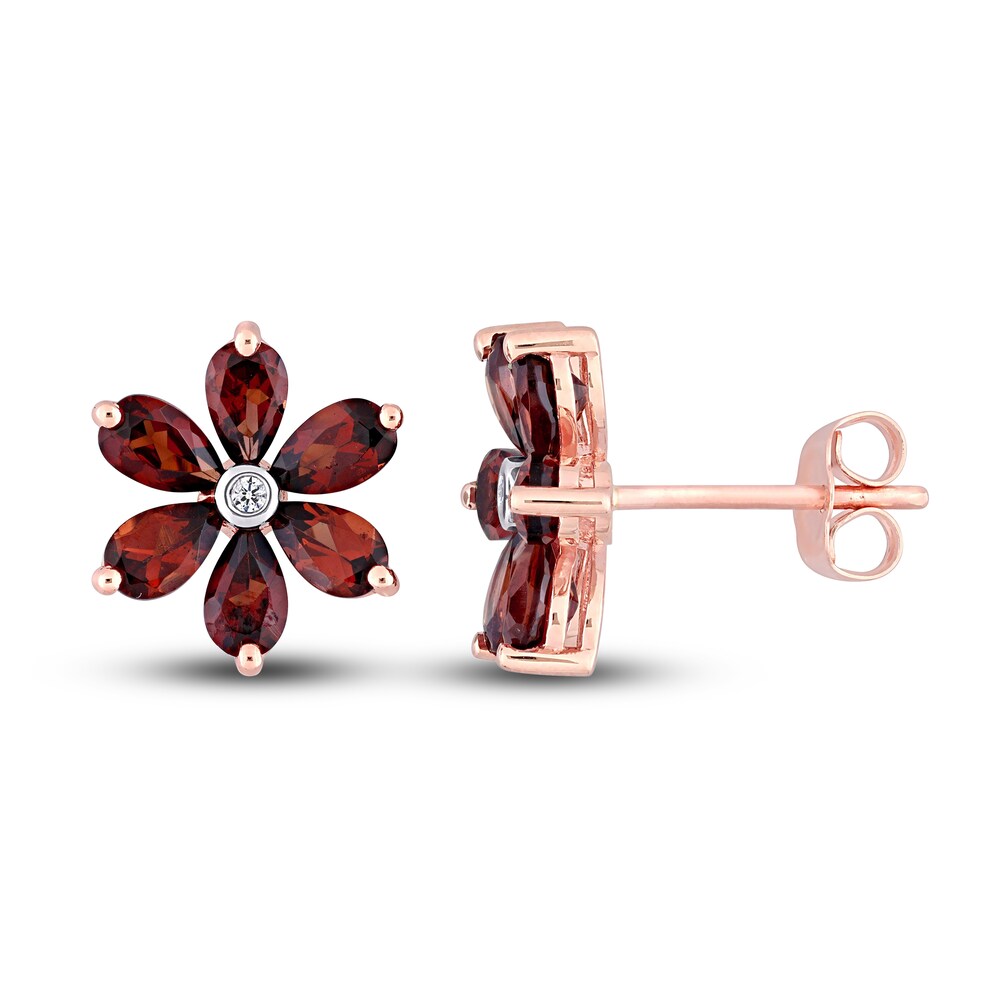 Natural Garnet Flower Stud Earrings Diamond Accents 14K Rose Gold ivvGJnNC