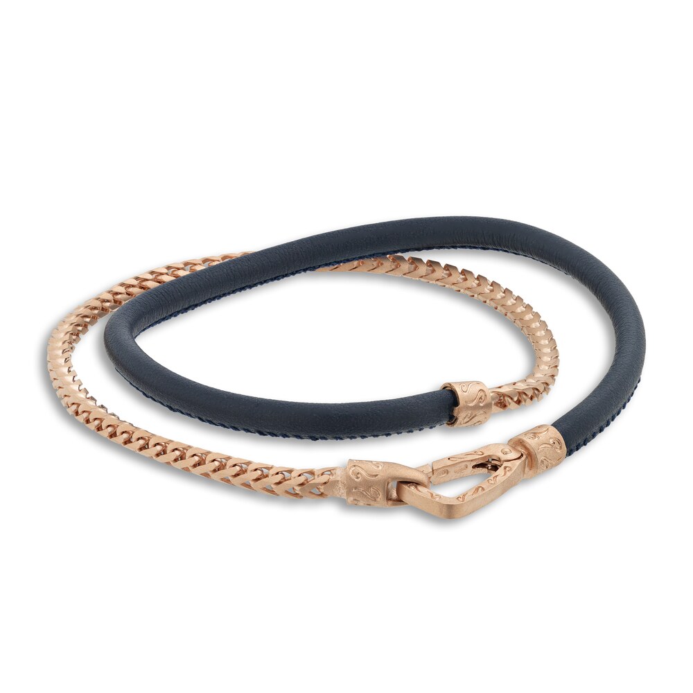 Marco Dal Maso Men's Double Blue Leather/Foxtail Chain Bracelet Sterling Silver/18K Rose Gold-Plated 16" jLZcGI5s
