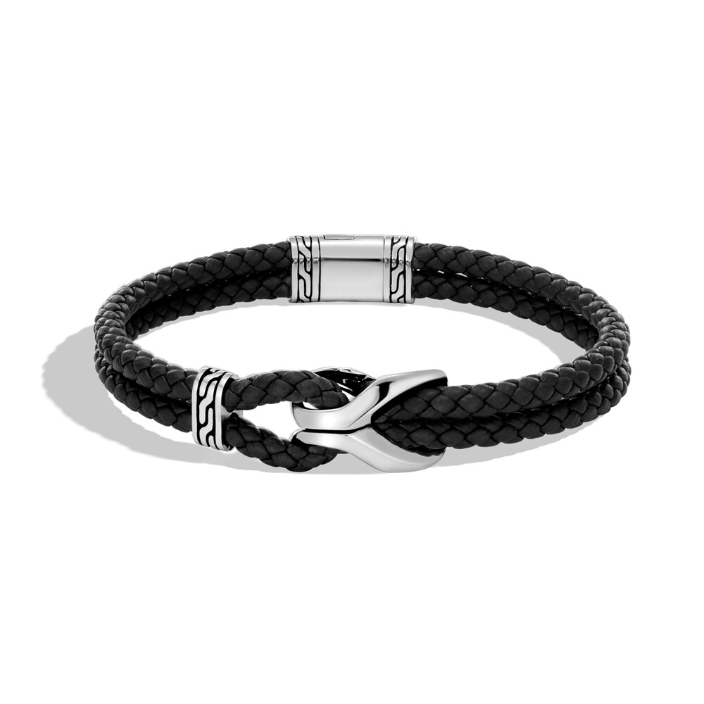 John Hardy Asli Classic Chain Link Station Bracelet, Silver with Leather, Large jzG3xIBr