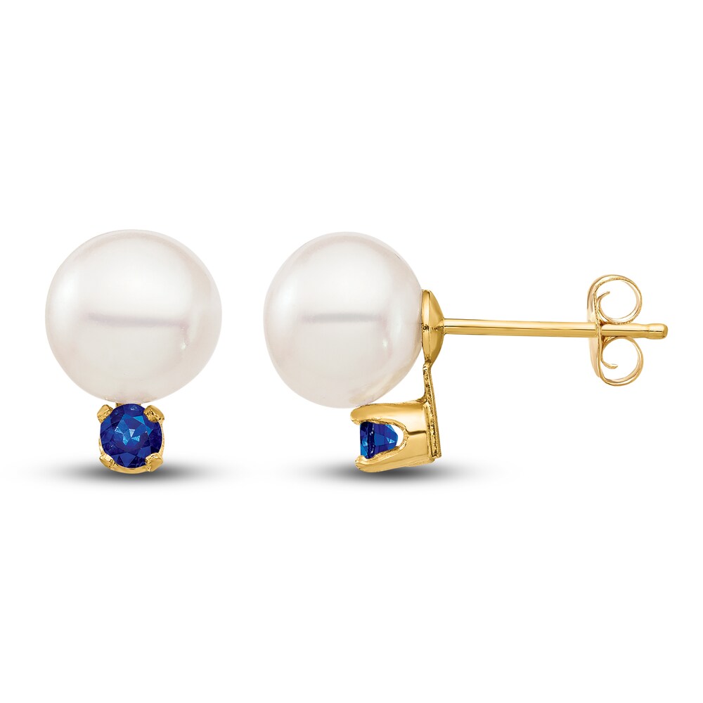 Cultured Freshwater Pearl & Natural Blue Sapphire Stud Earrings 14K Yellow Gold k7JFJ2eE