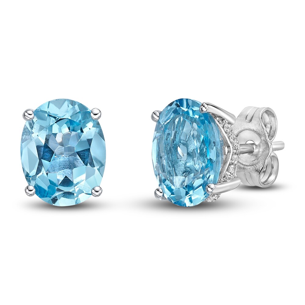 Natural Swiss Blue Topaz Stud Earrings 1/8 ct tw Diamonds 10K White Gold krRShgSq