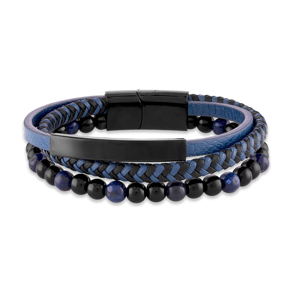 Natural Sodalite Bracelet Blue & Black Leather Stainless Steel kuNdXAiJ