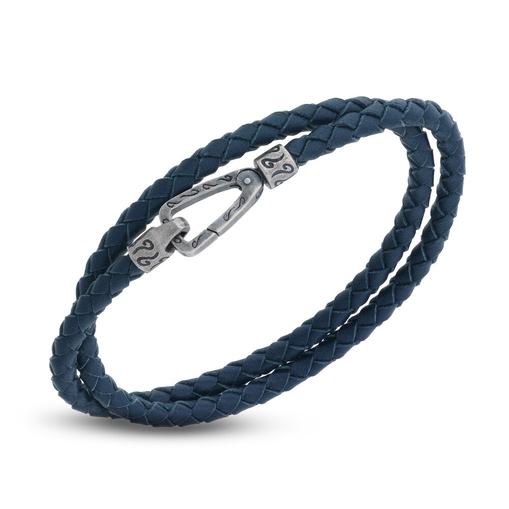 Marco Dal Maso Men's Woven Blue Leather Double Wrap Bracelet Sterling Silver 16" lZAqkkpc