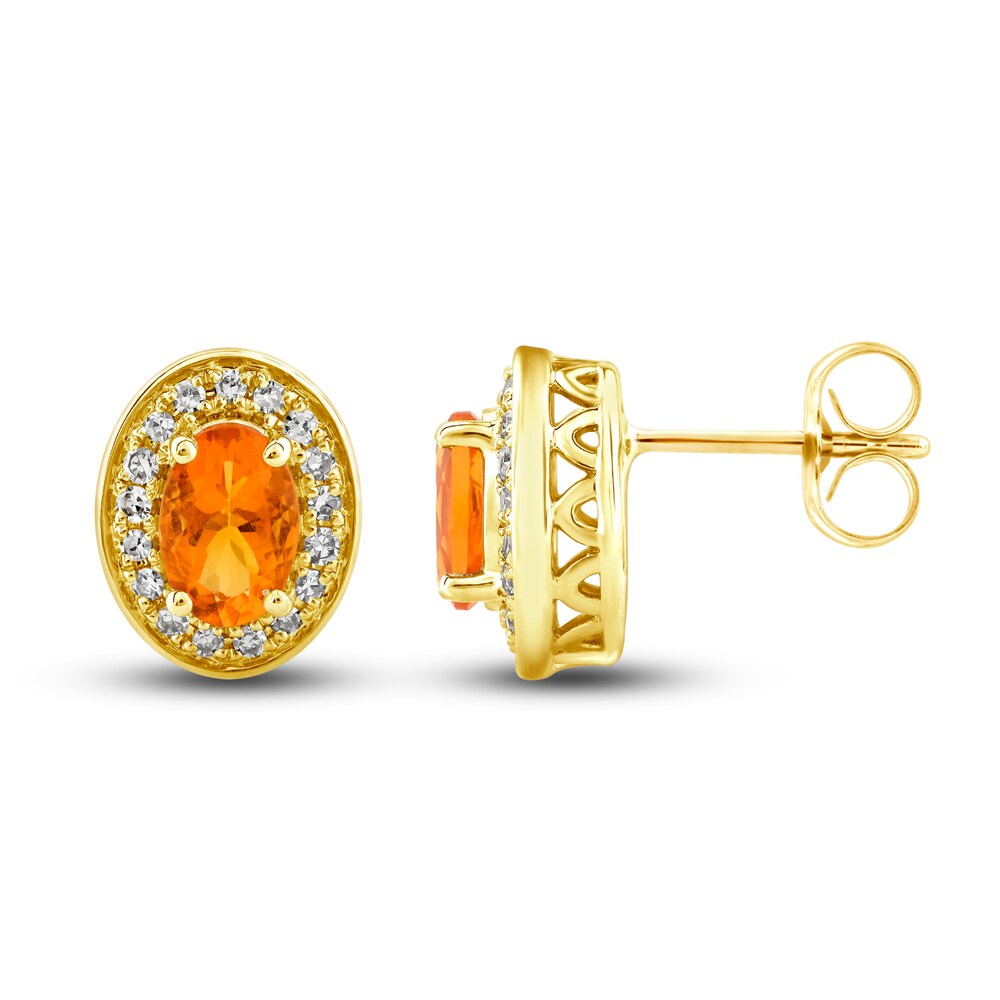 Natural Fire Opal Stud Earrings 1/6 ct tw Diamonds 10K Yellow Gold lqmfgoJU