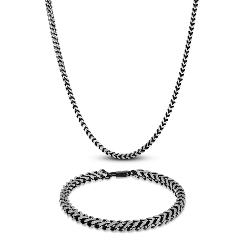 Men's Foxtail Chain Necklace/Bracelet Set Black Ion-Plated Stainless Steel oL9u9Txx