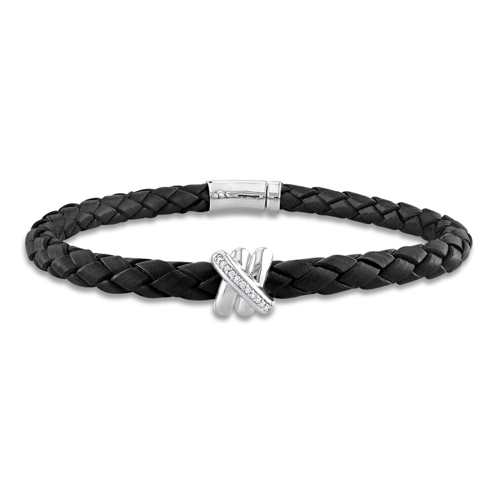 Men's Diamond & Woven Black Leather Bracelet 1/20 ct tw Round 14K White Gold 9" oU0bOLZs