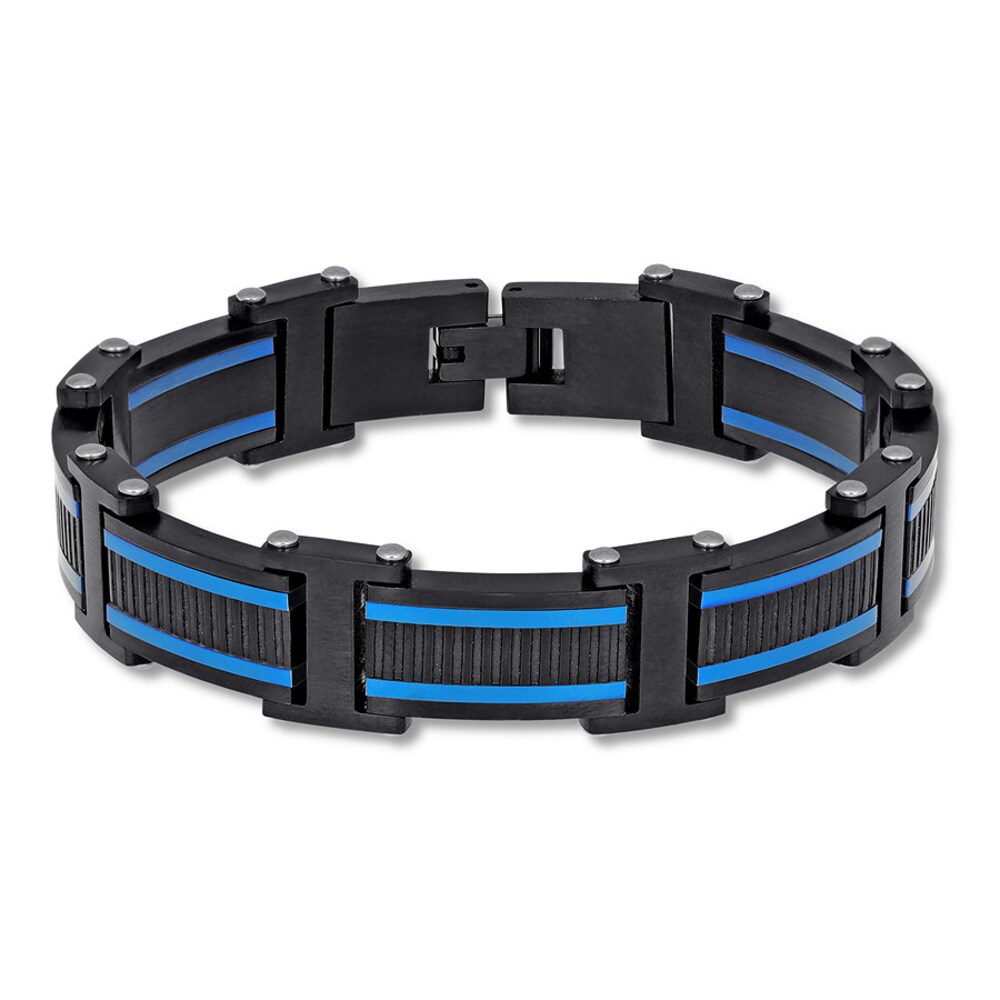 Men's Link Bracelet Blue & Black Stainless Steel 8.5" p7zvHCfZ