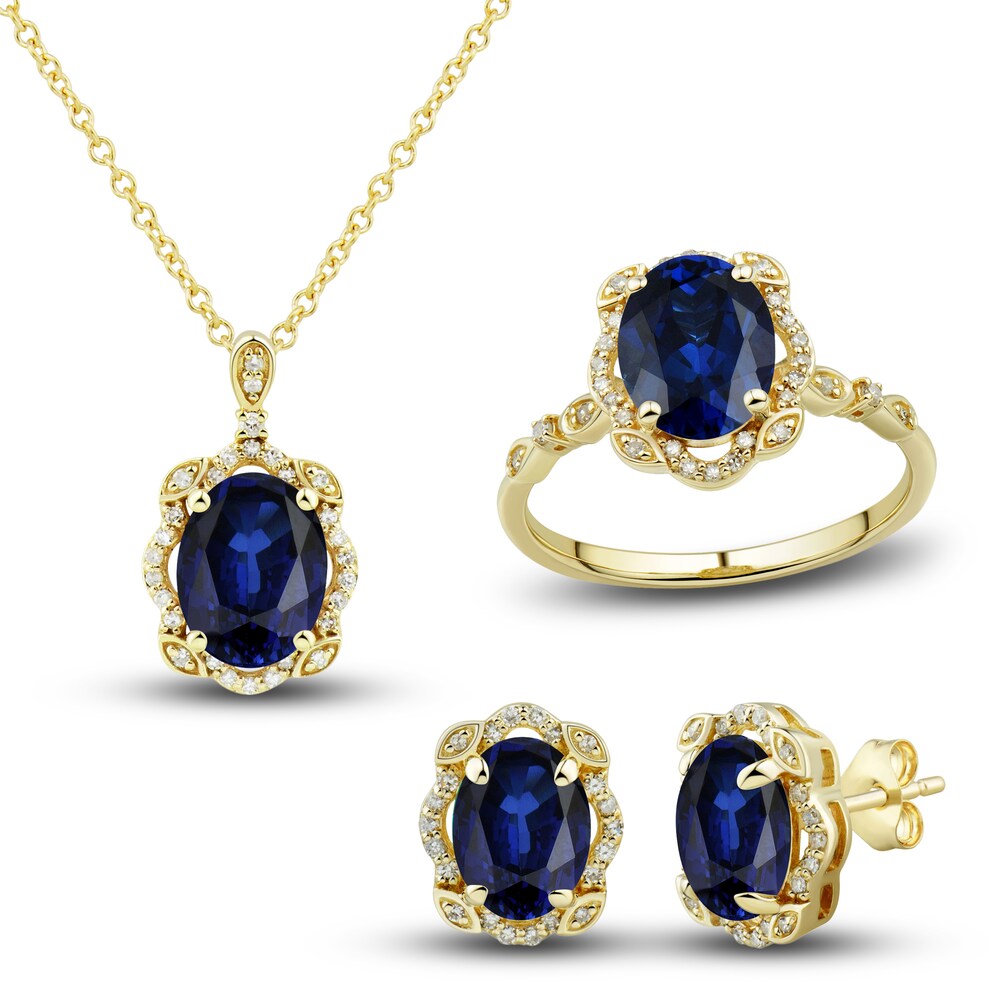 Lab-Created Blue Sapphire Ring, Earring & Necklace Set 1/3 ct tw Diamonds 10K Yellow Gold p8i4FlVa