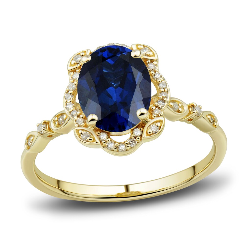 Lab-Created Blue Sapphire Ring, Earring & Necklace Set 1/3 ct tw Diamonds 10K Yellow Gold p8i4FlVa