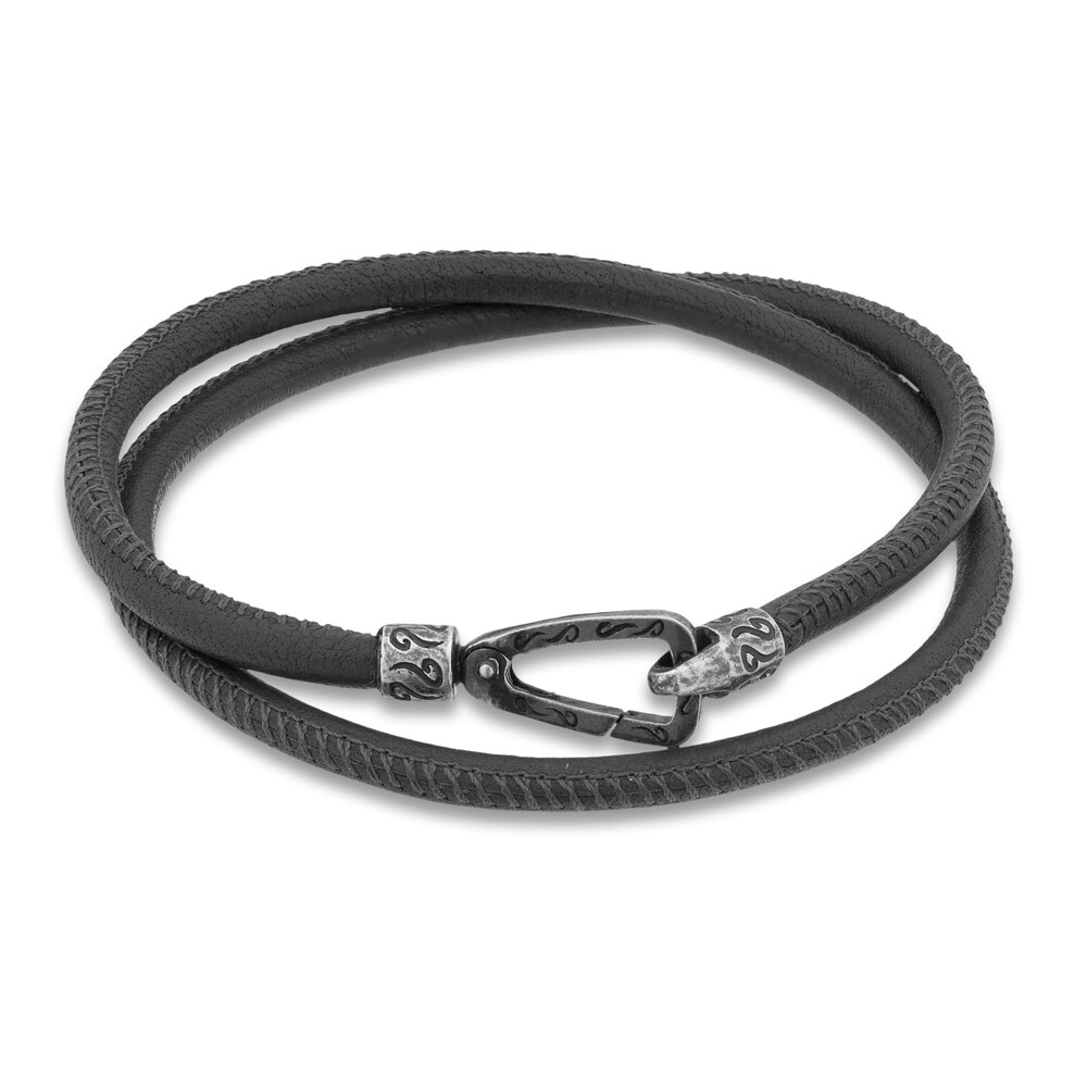 Marco Dal Maso Men's Smooth Black Leather Double Wrap Bracelet Sterling Silver 16" pZsOVNLG