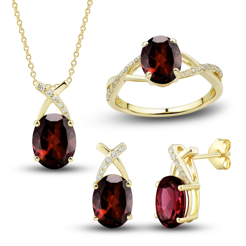 Natural Garnet Ring, Earring & Necklace Set 1/5 ct tw Diamonds 10K Yellow Gold pr7oiGQk