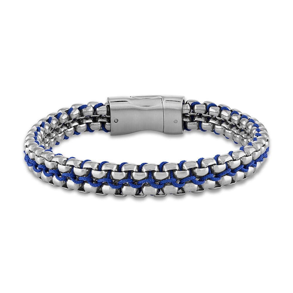 Men's Blue Cord & Box Chain Bracelet Ion-Plated Stainless Steel 8.5" qg83u4zL
