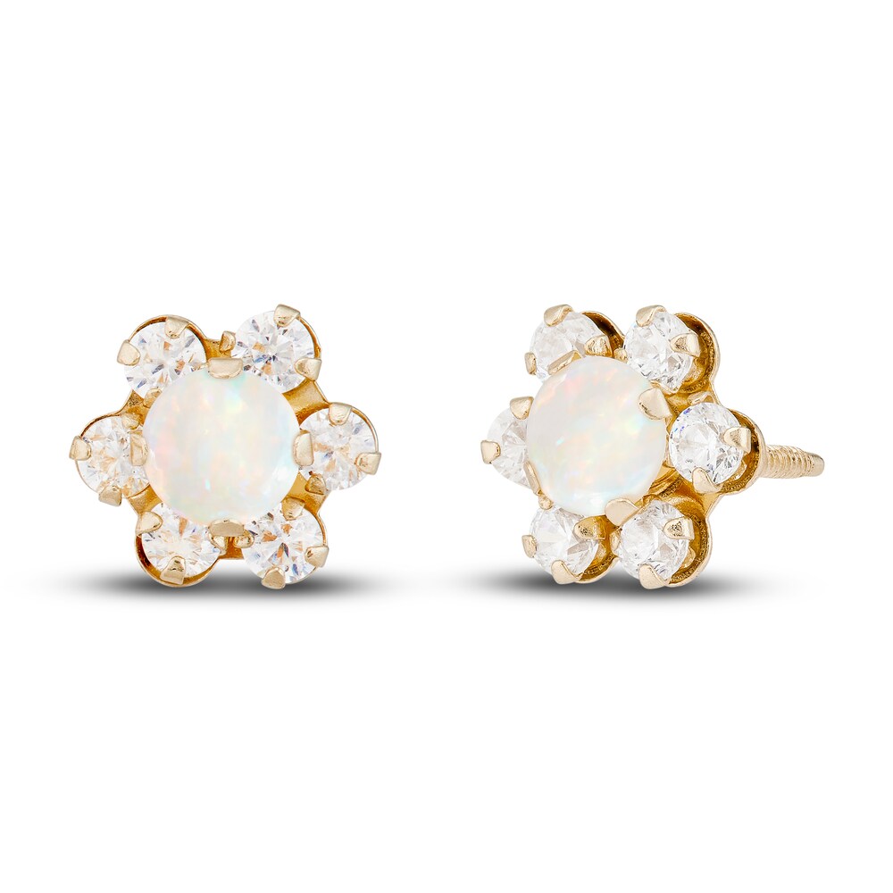 Natural Opal & Natural White Topaz Flower Stud Earrings 14K Yellow Gold sw9zft3L