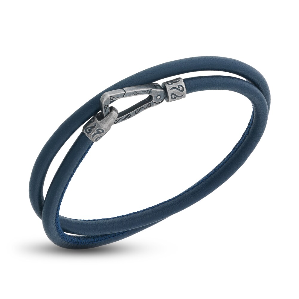 Marco Dal Maso Men's Smooth Blue Leather Double Wrap Bracelet Sterling Silver 16" taVqHmIR