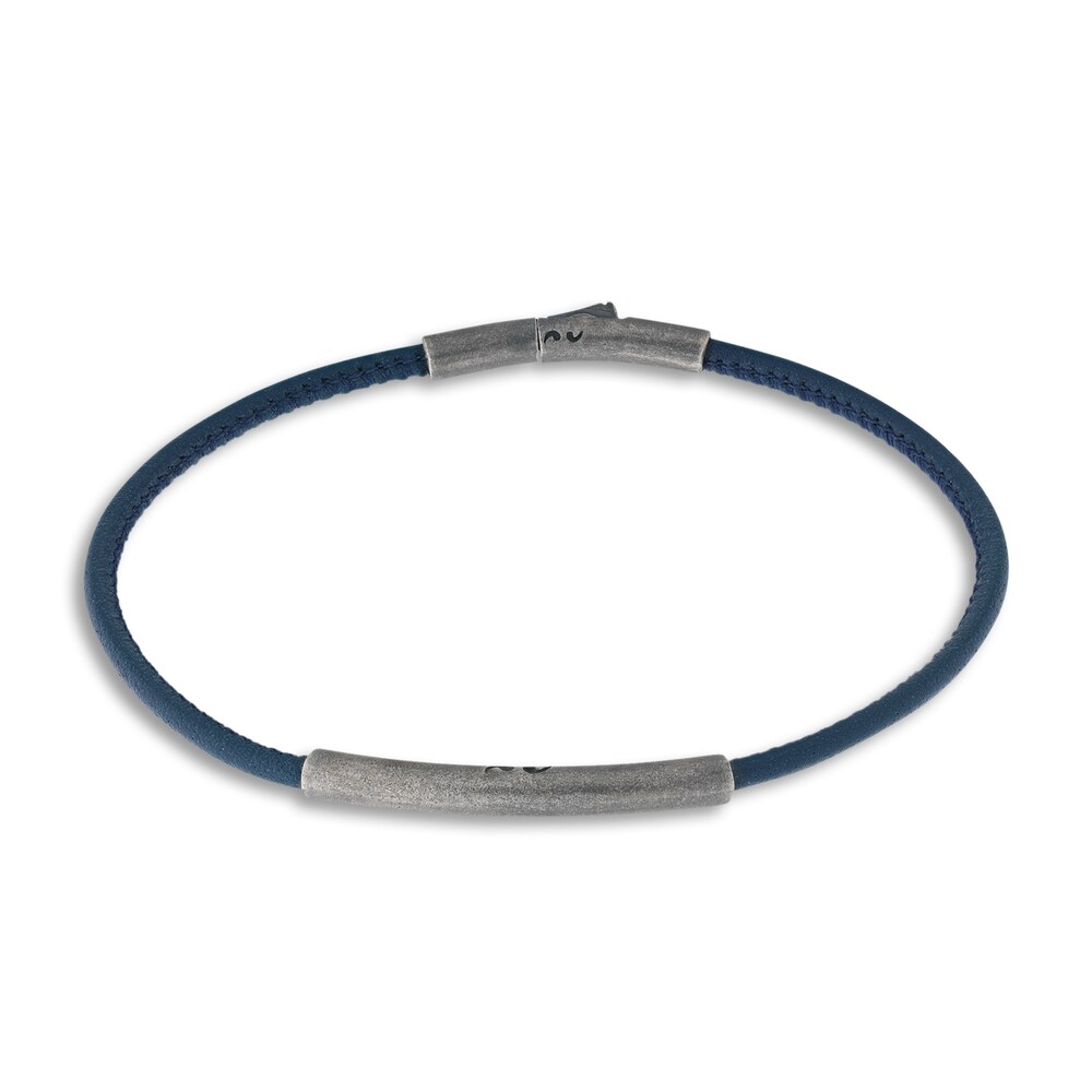 Marco Dal Maso Men's Thin Blue Leather Bracelet Sterling Silver 8" tcsdqAjg
