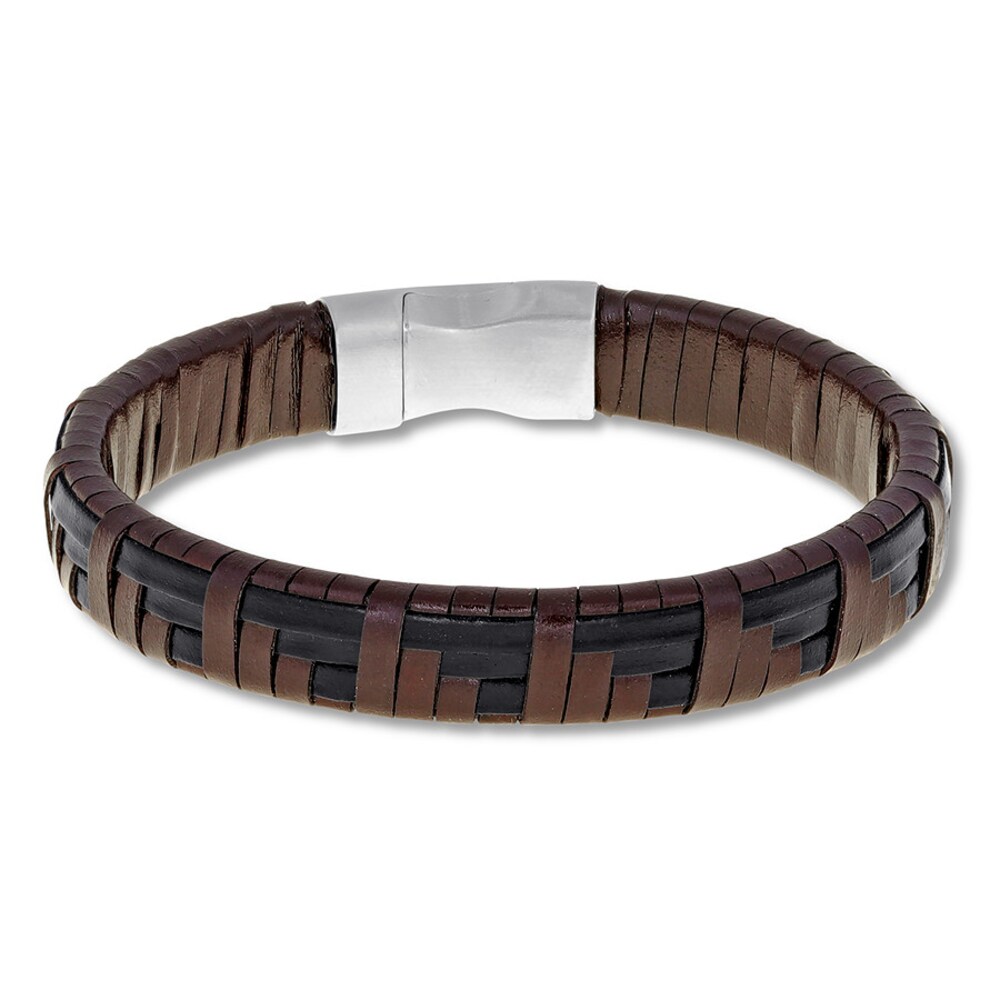 Men's Brown Leather Woven Bracelet Stainless Steel 8.75" tgWFUd0r