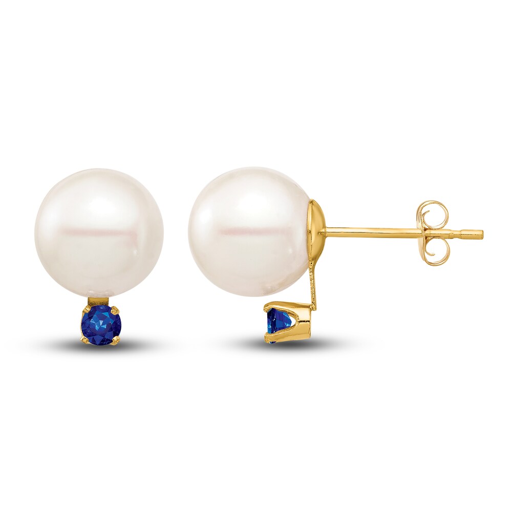 Cultured Freshwater Pearl & Natural Blue Sapphire Stud Earrings 14K Yellow Gold tmtIYcCx