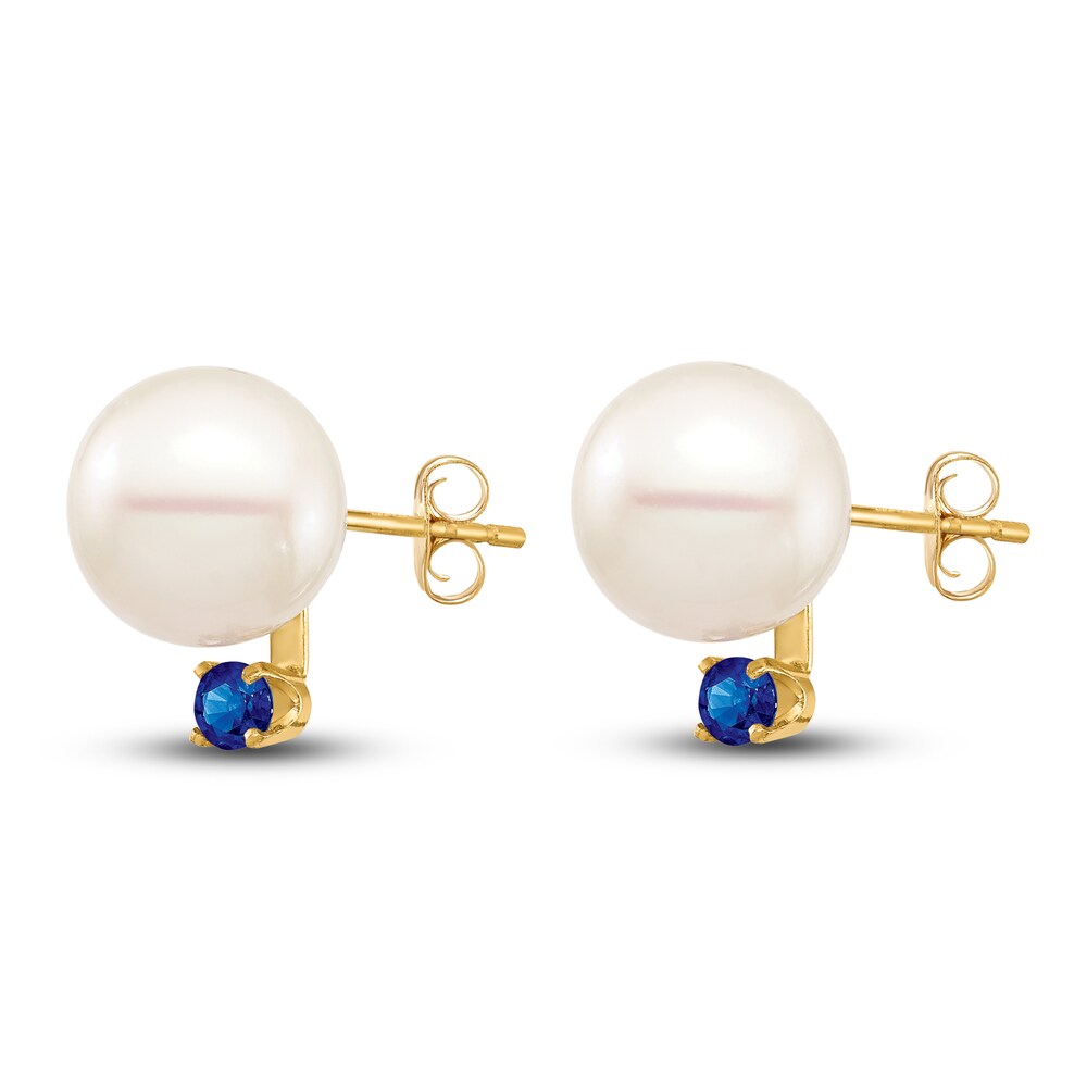 Cultured Freshwater Pearl & Natural Blue Sapphire Stud Earrings 14K Yellow Gold tmtIYcCx