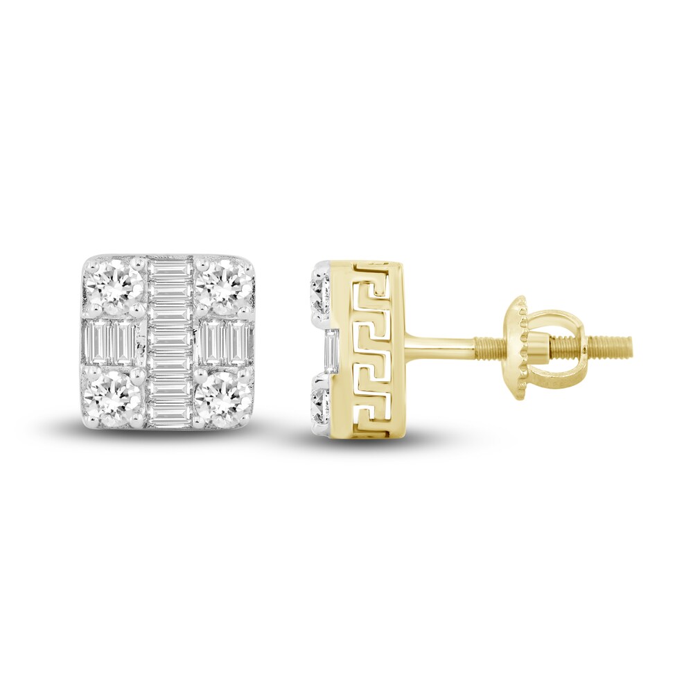 Men\'s Diamond Stud Earrings 1 ct tw Round/Baguette 10K Yellow Gold vb2pvns6