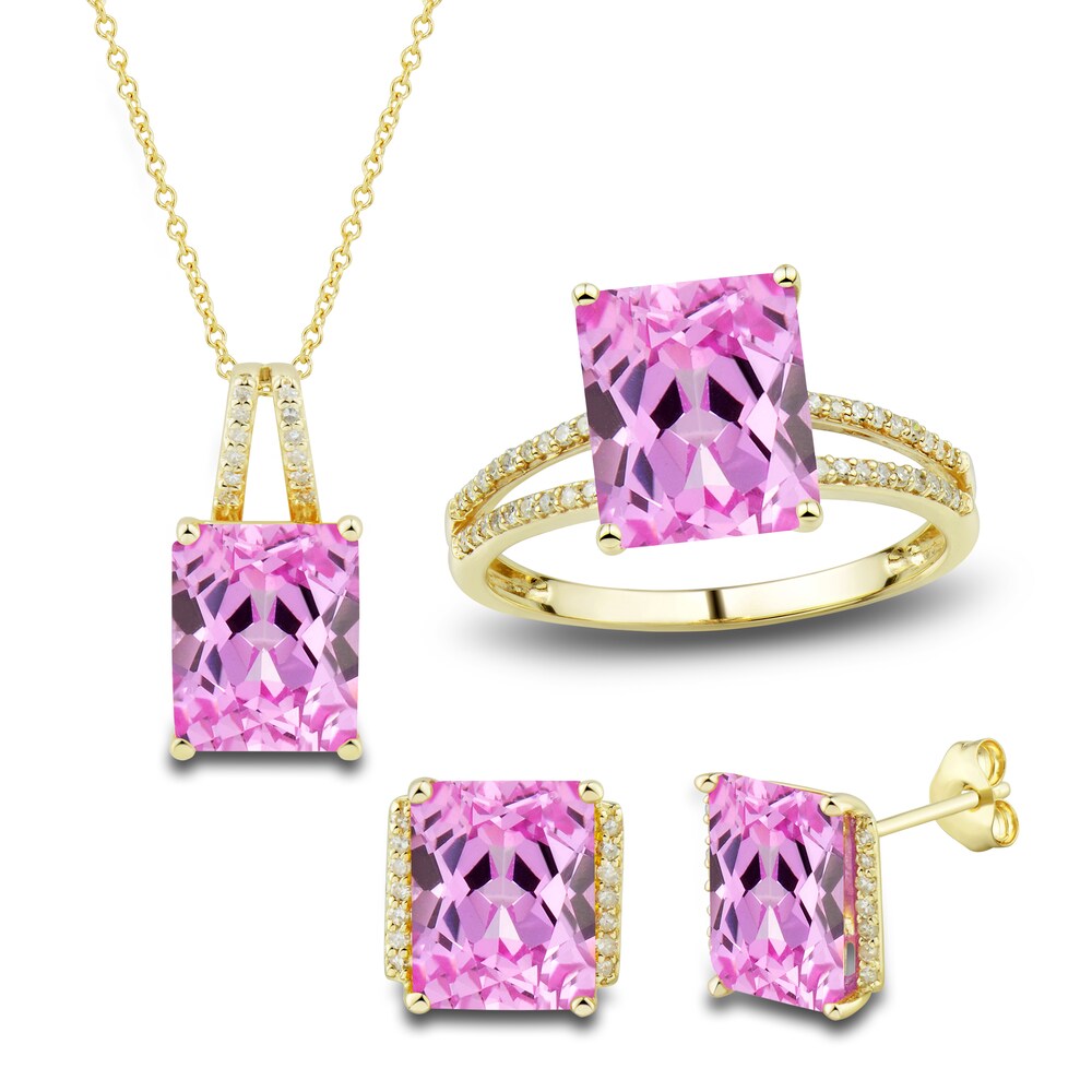 Lab-Created Pink Sapphire Ring, Earring & Necklace Set 1/5 ct tw Diamonds 10K Yellow Gold w0QkLVO4