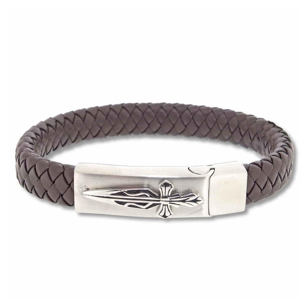 Men's Woven Bracelet Black Leather Stainless Steel 8.5" wB7tLnvv