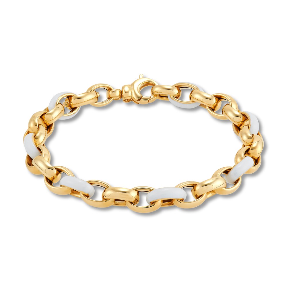 Italia D'Oro Oval Link Bracelet White Enamel 14K Yellow Gold 7.5" wD675HbI