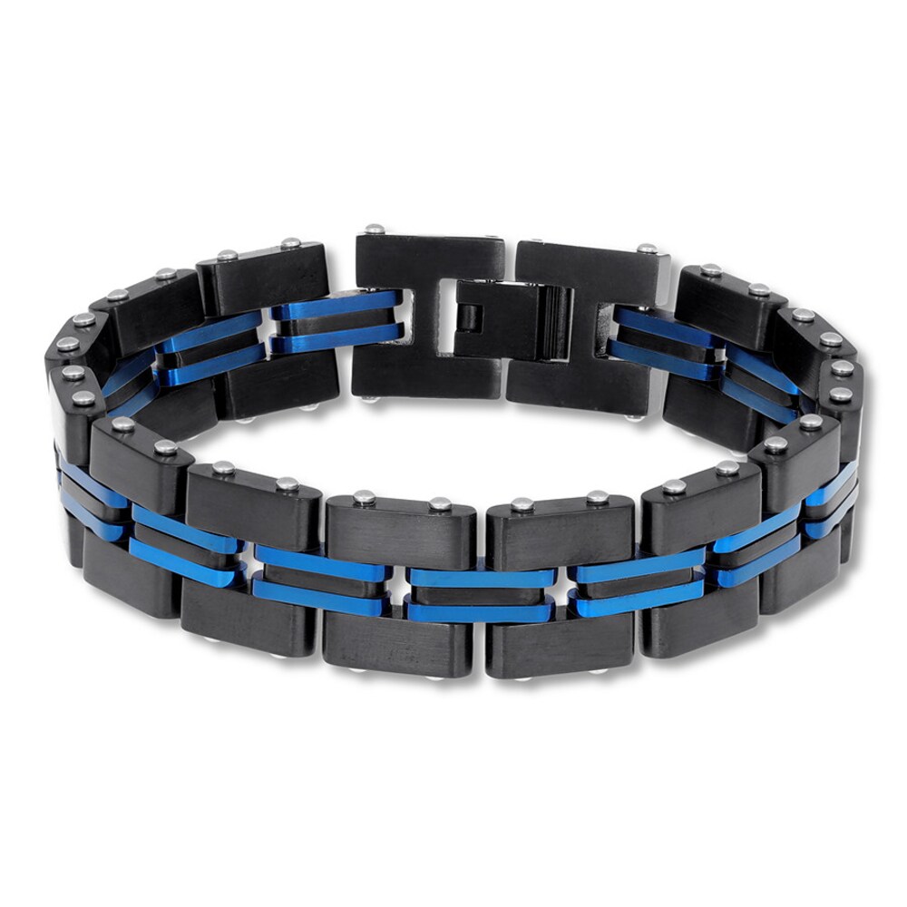 Men's Link Bracelet Black & Blue Stainless Steel 8.5" Appx 15mm wenBGBUS