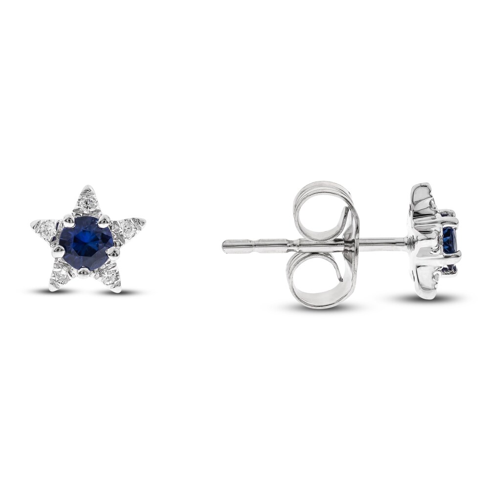 Natural Blue Sapphire Star Stud Earrings 1/20 ct tw Diamonds 14K White Gold wfSVxjGh