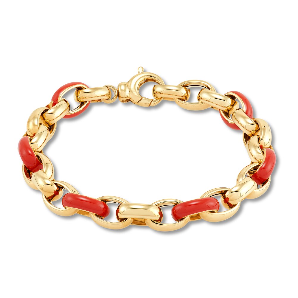 Italia D'Oro Oval Link Bracelet Red Enamel 14K Yellow Gold 7.5" wh9SDRLP