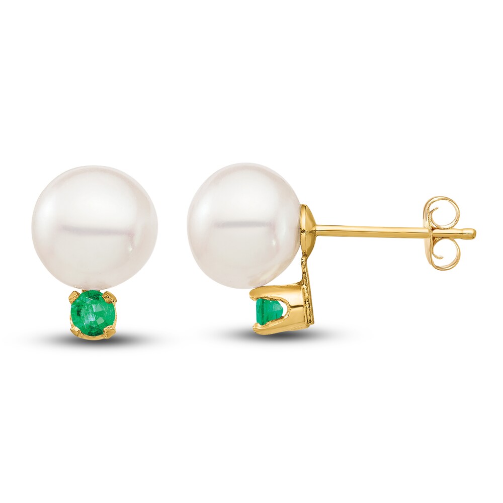 Cultured Freshwater Pearl & Natural Emerald Stud Earrings 14K Yellow Gold wuxD0x4P