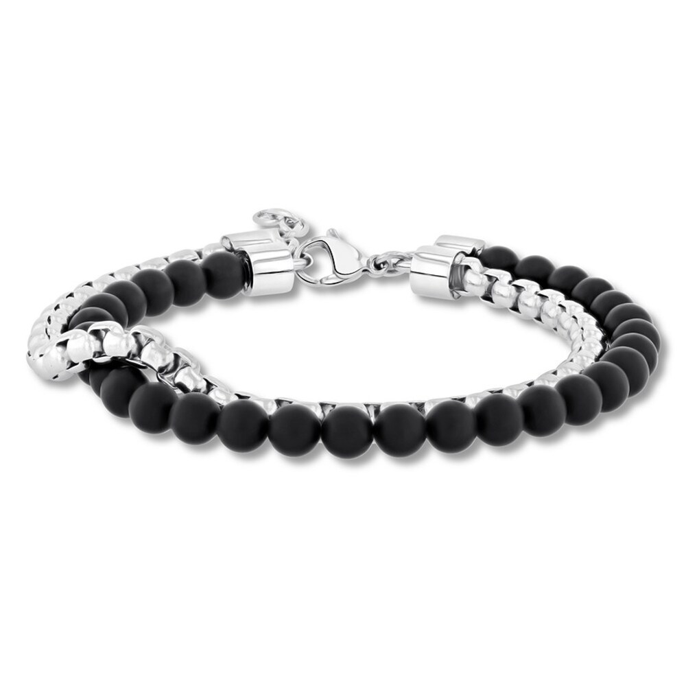 Men's Black Onyx Bead & Box Chain Bracelet Stainless Steel 8.5" xT9l8ezi