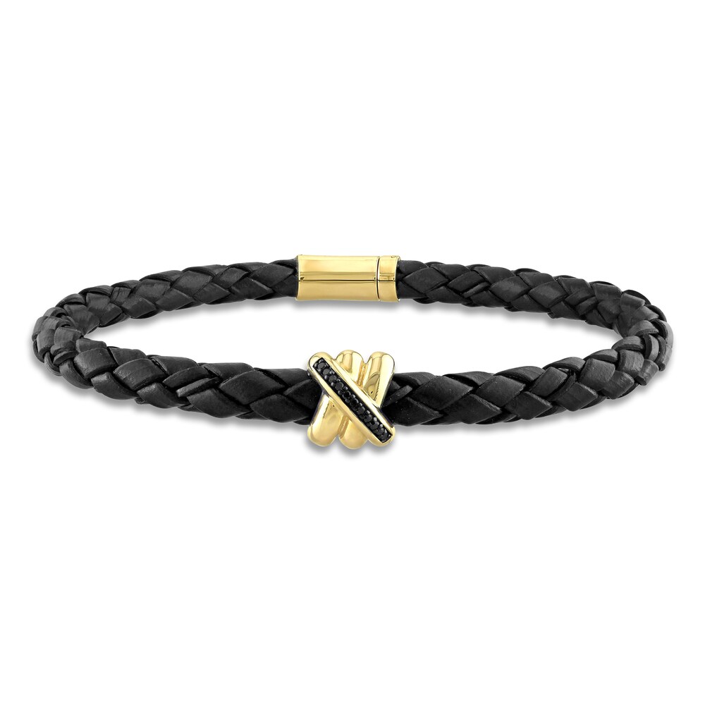 Men's Black Diamond & Woven Black Leather Bracelet 1/20 ct tw Round 14K Yellow Gold 9" xYUOFqlA